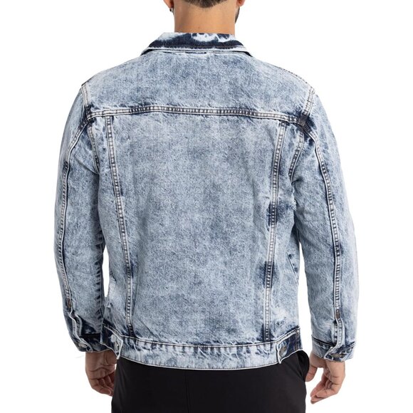Mens  Acid Blue Denim Jacket Washed Ripped Distressed Stretch Casual Trucker - Picture 2 of 9